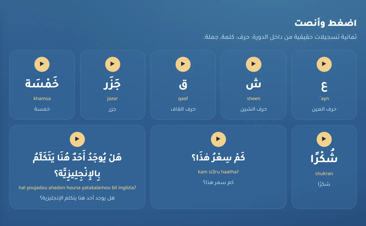 قسم «اضغط وأنصت» في دورة العربية: بطاقات صوتية للحروف والكلمات العربية.