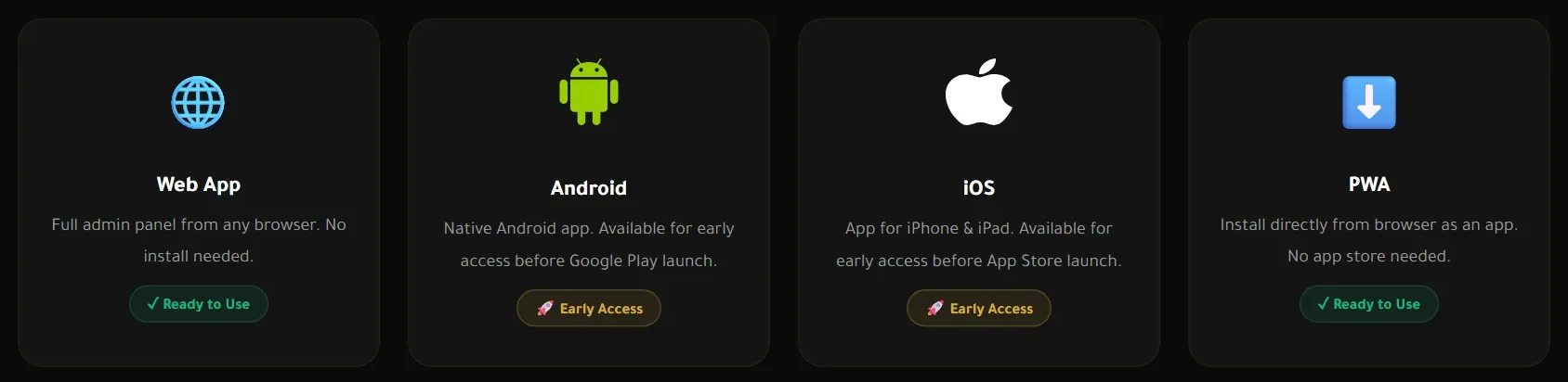 أربع بطاقات: تطبيق الويب وأندرويد وiOS وتطبيق الويب القابل للتثبيت.