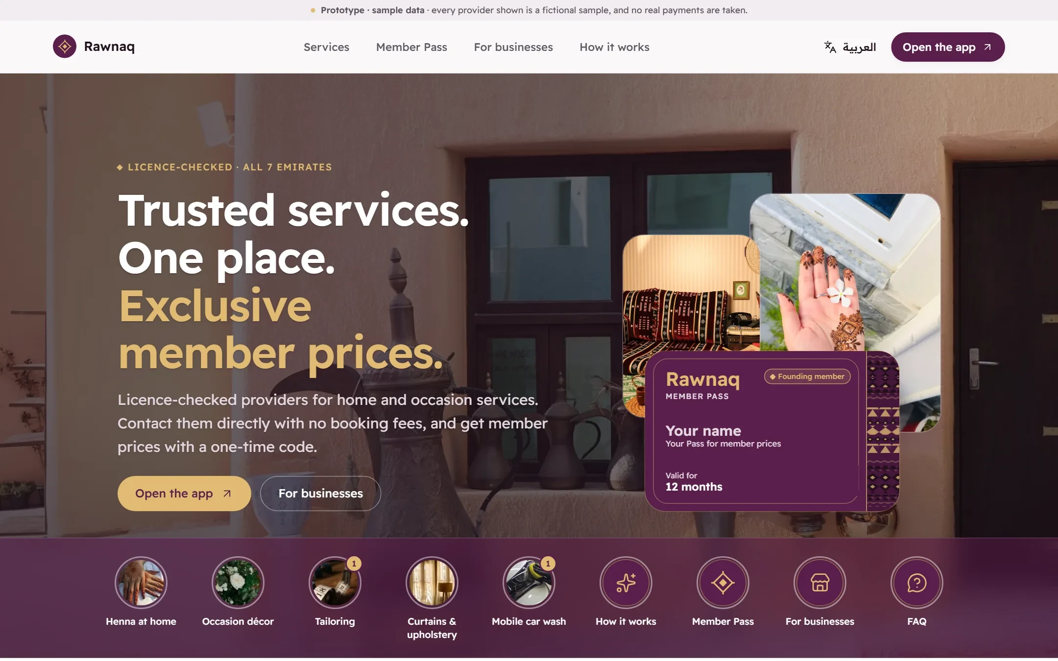 Rawnaq website in English: hero with the Member Pass card and the service categories bar.